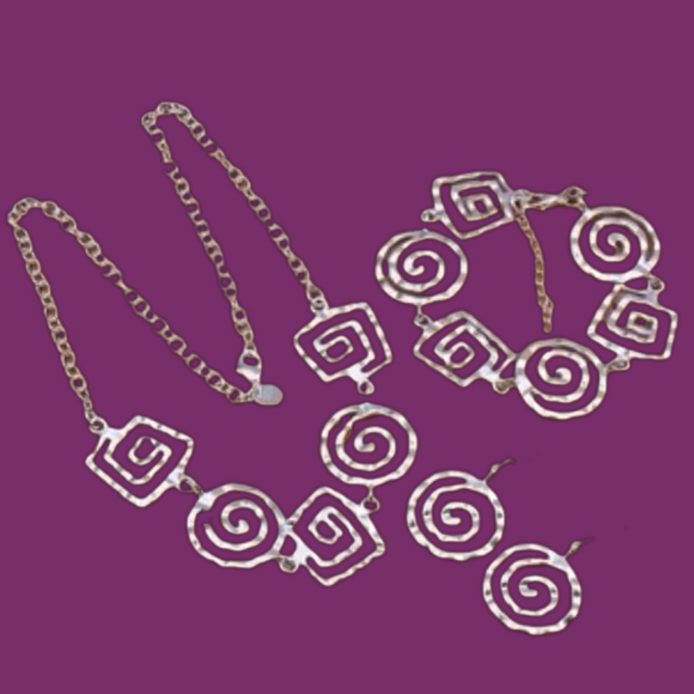 925 Sterling Silver Necklace, Earring and Bracelet Set Retro Brutalist